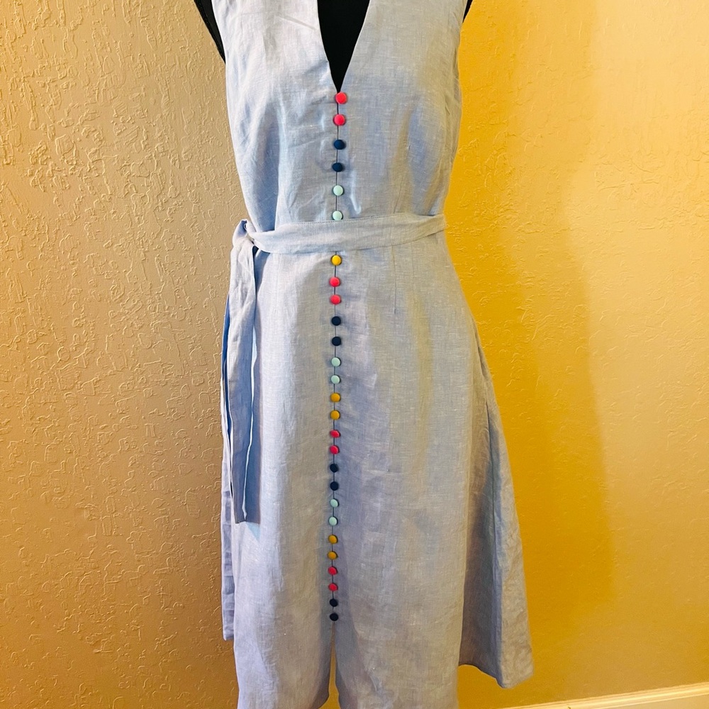 Boden Light Blue Linen Midi Dress with Multicolor Button Detail